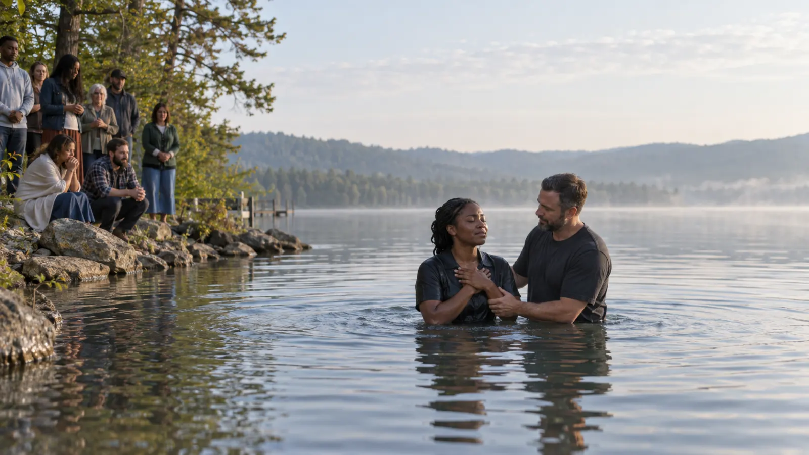 A small congregation witnesses an outdoor baptism at an American lakeshore.