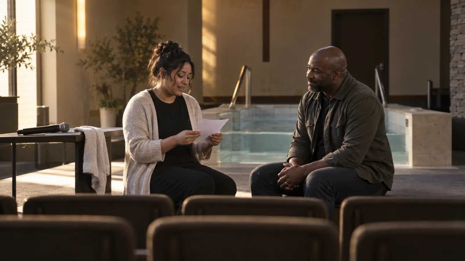 A baptism candidate practices sharing a testimony with a trusted mentor in an empty church.