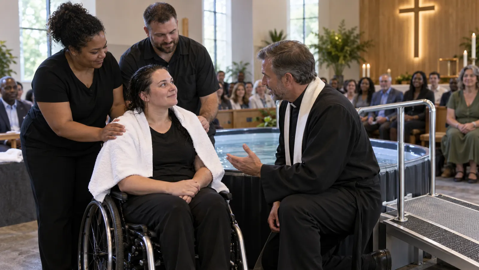 A wheelchair user prepares for an accessible baptism with trained support and a safety rail.