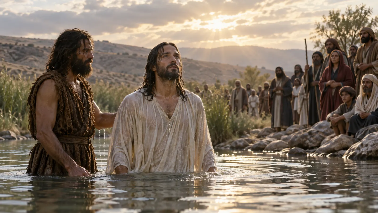 Jesus and John stand in the Jordan River at dawn while a crowd watches from the bank.