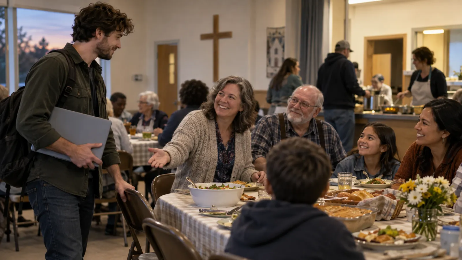 A remote worker moves from an online service toward a local church supper.