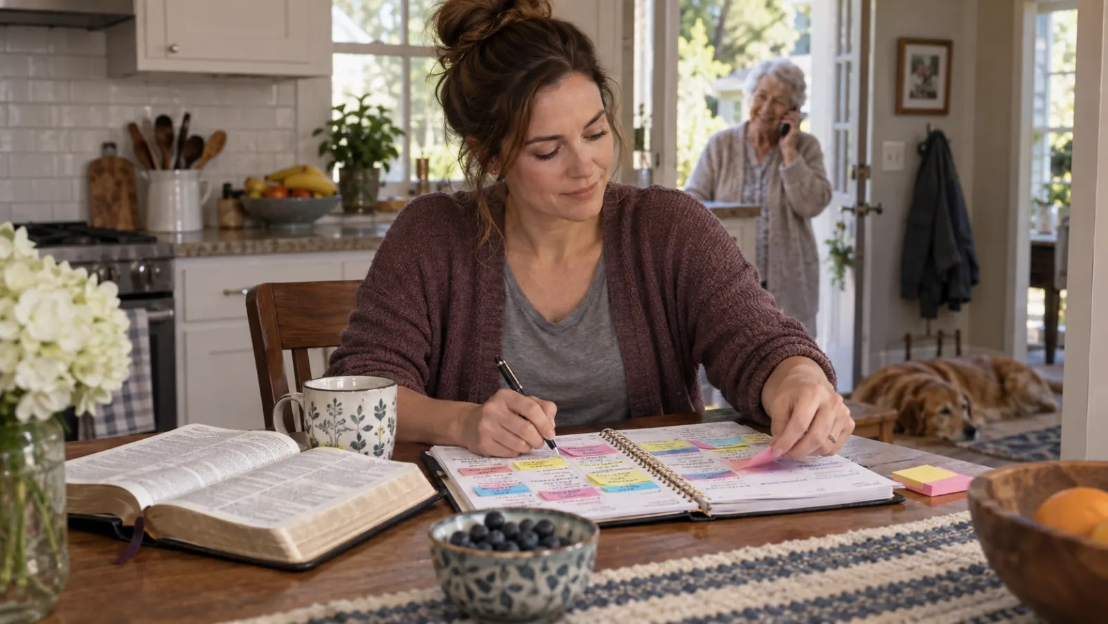 A woman revises an overfilled schedule to make room for prayer and a neighbor.