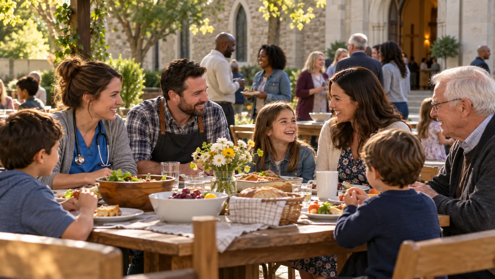 Workers and families share an unhurried community meal after worship.