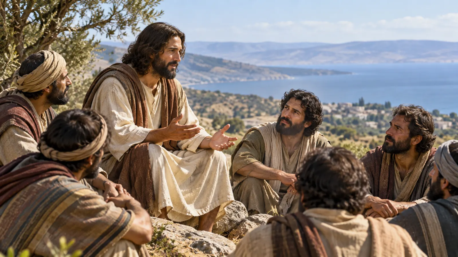 A group of first-century disciples on a Galilean hillside listening attentively to Jesus after the resurrection, with no halo or supernatural glow