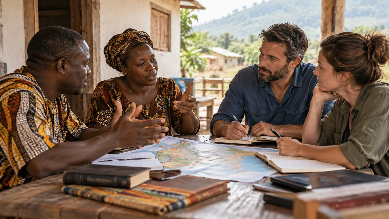 American and local Christian leaders from different cultures planning together around a table, with local leaders clearly sharing authority