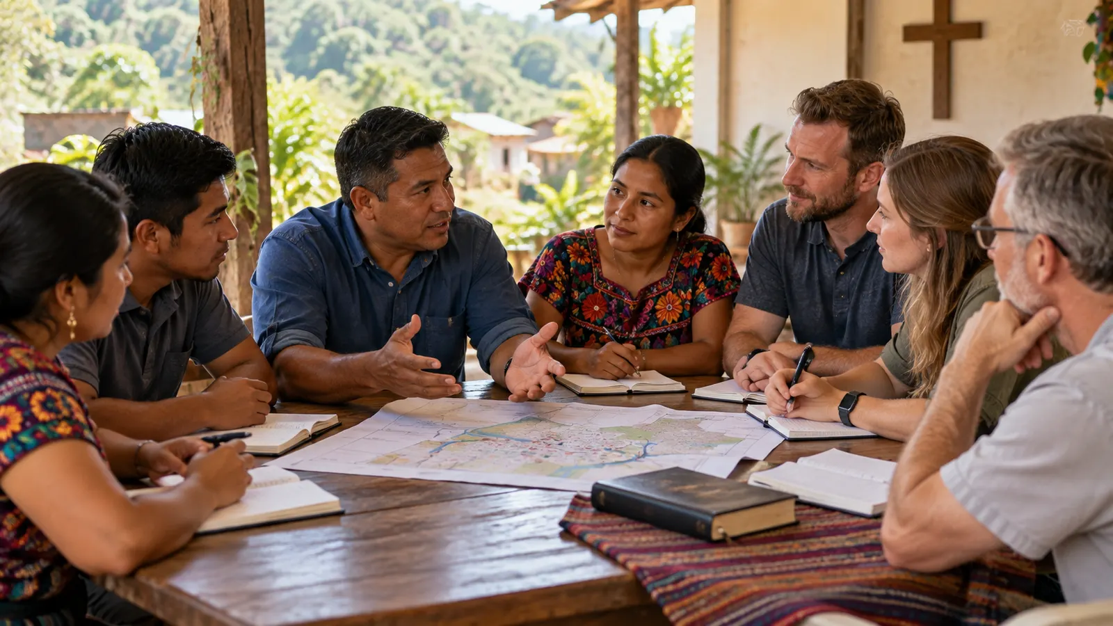 Local church leaders and visiting American partners jointly planning a short-term mission project before any work begins