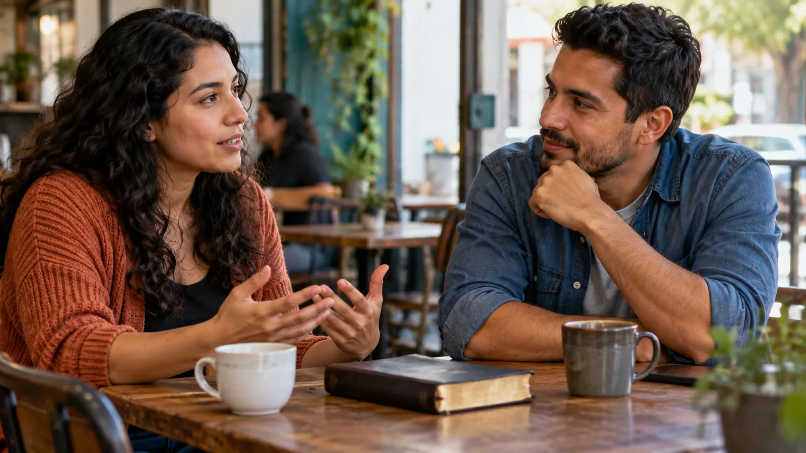 Dos adultos latinoamericanos conversan con calma en una cafetería de barrio, con una Biblia cerrada y dos tazas sobre la mesa.