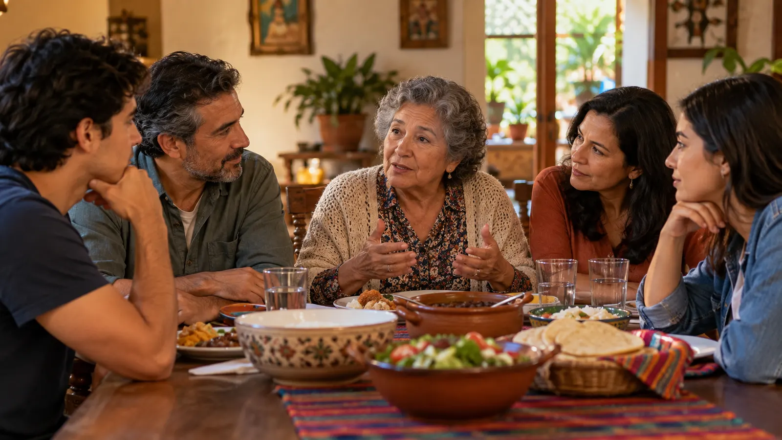Una familia latinoamericana multigeneracional conversa alrededor de una comida casera mientras una abuela explica su punto de vista.