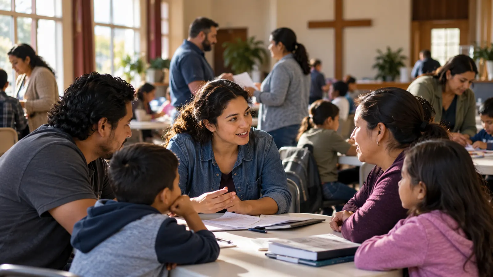 Una voluntaria conversa con una familia migrante en un centro comunitario de iglesia mientras otras personas reciben orientación al fondo.