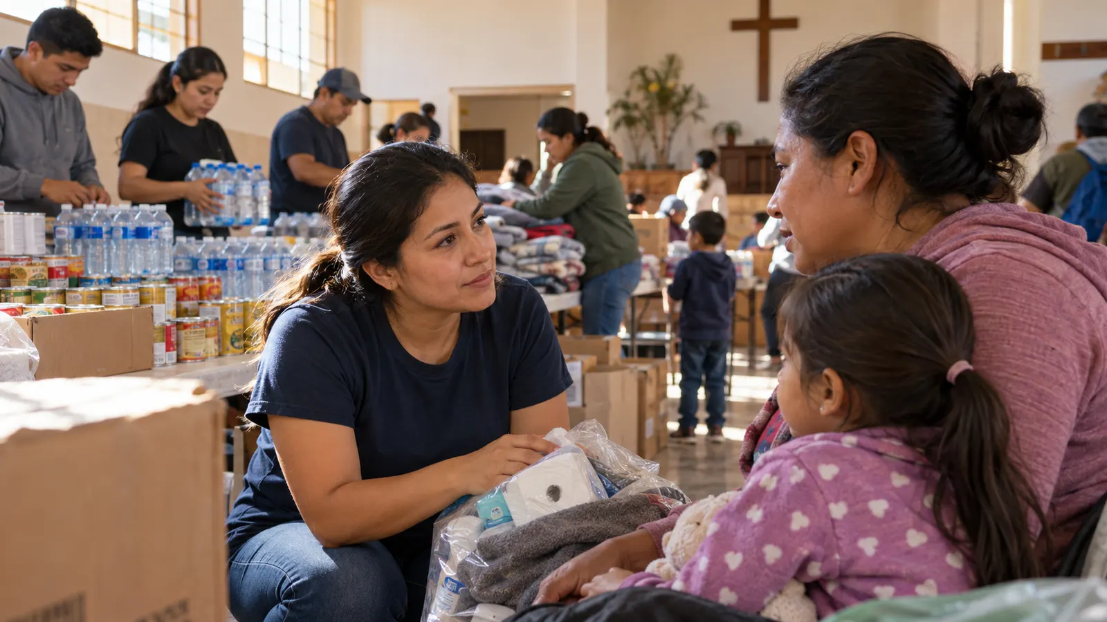 Una voluntaria escucha a una madre con su hija en un centro de ayuda comunitaria rodeado de agua, alimentos y mantas preparados para familias afectadas.