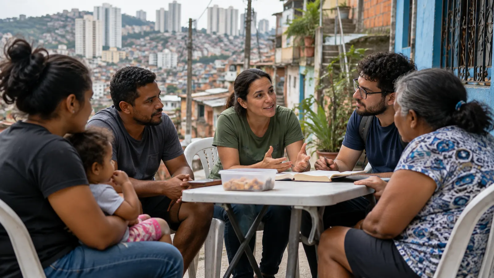 Vecinos de distintas edades conversan alrededor de una mesa en un barrio urbano latinoamericano con viviendas en la ladera y edificios altos al fondo.