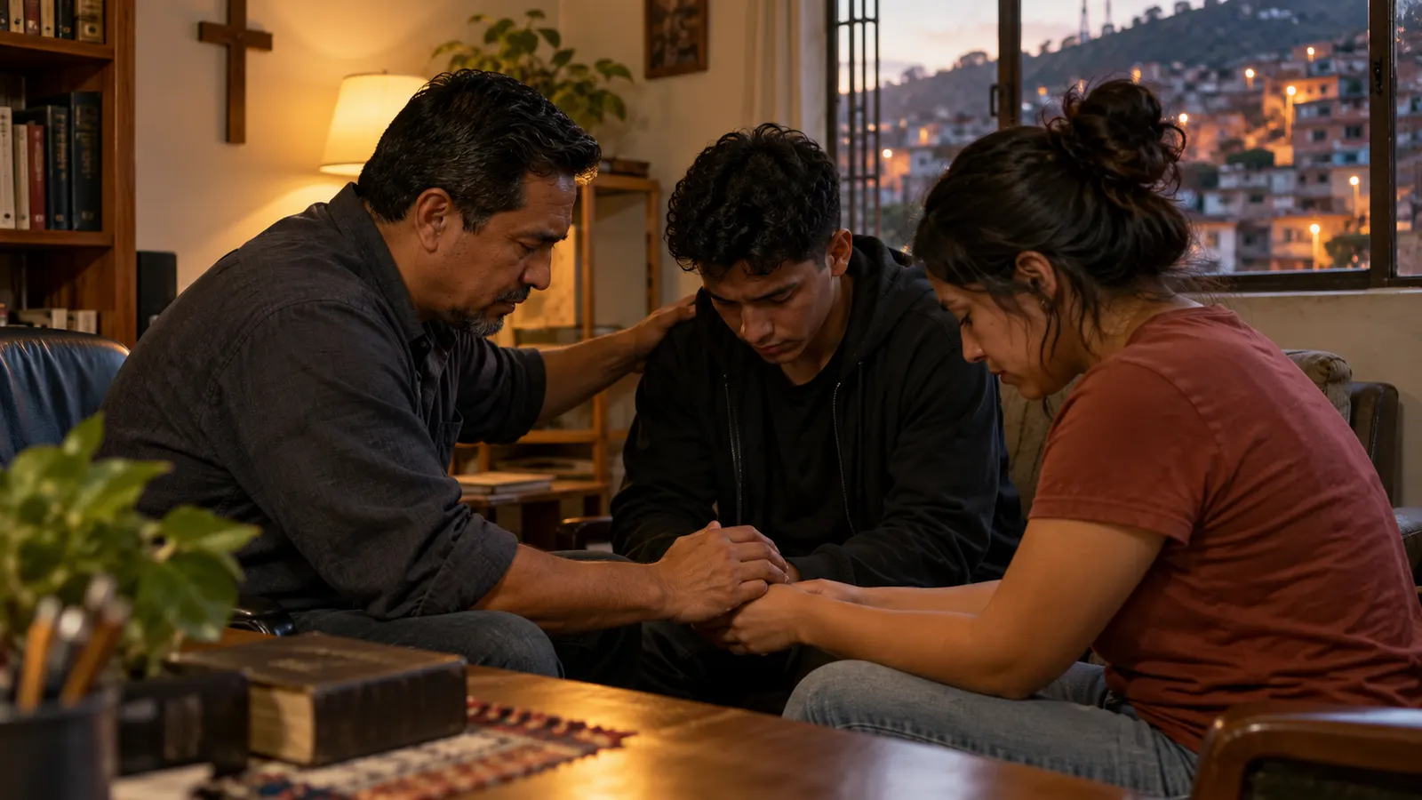 Tres cristianos latinoamericanos oran juntos en una sala sencilla al anochecer, con un barrio urbano visible por la ventana.