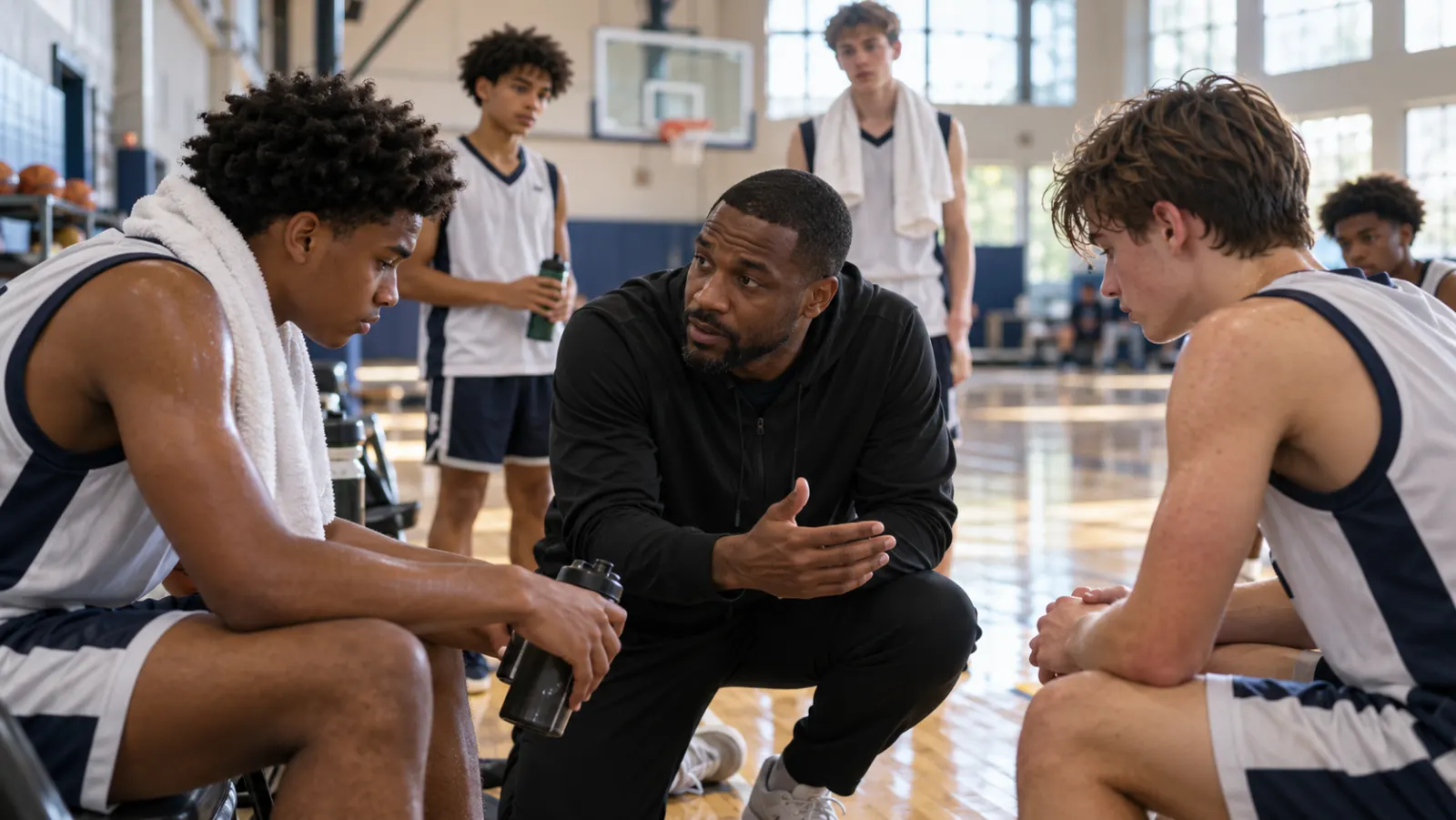 A coach corrects two teenage players firmly and gently after a conflict.