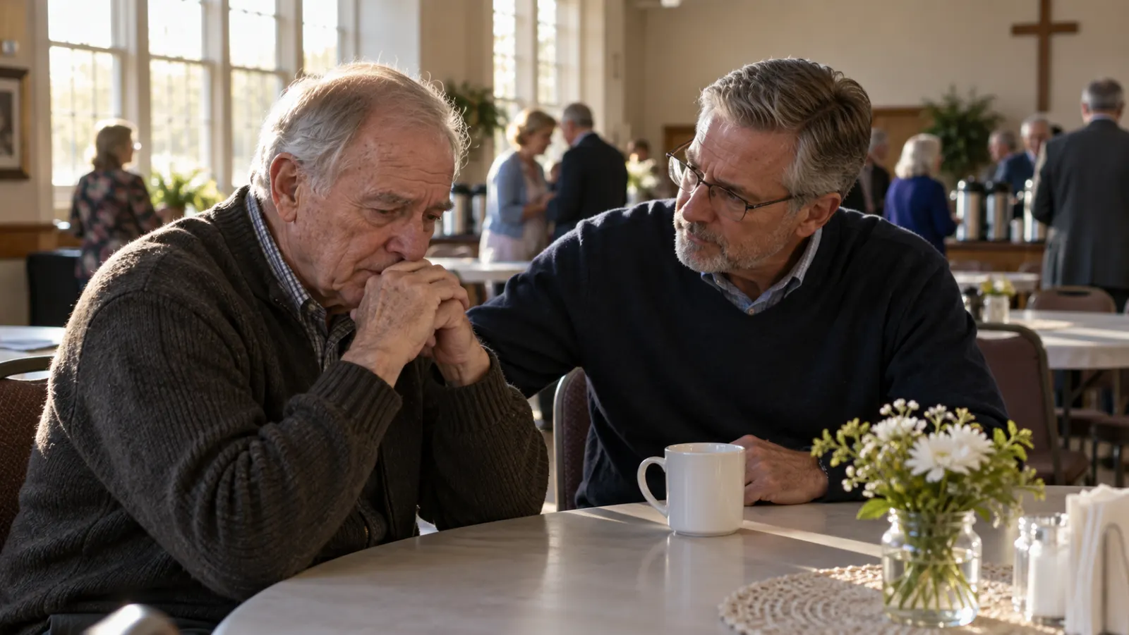 A grieving widower is accompanied by a friend who listens without forcing cheerfulness.
