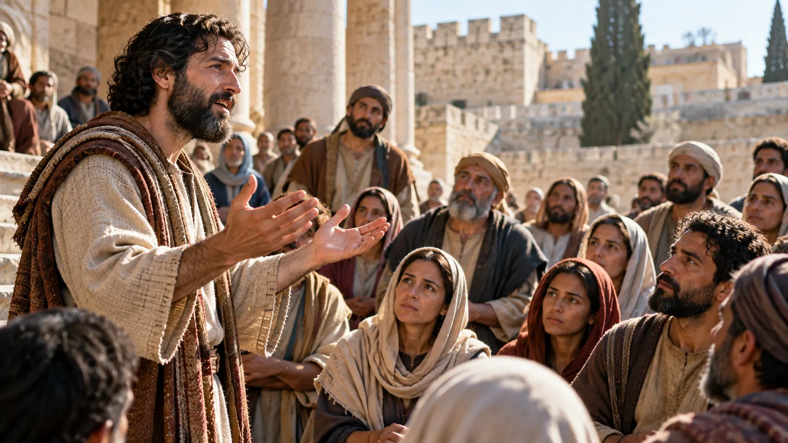Peter speaking in Jerusalem while listeners respond with thoughtful conviction after hearing the gospel
