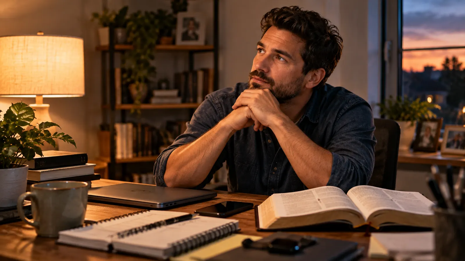 A man reading an open Bible thoughtfully at home in the evening