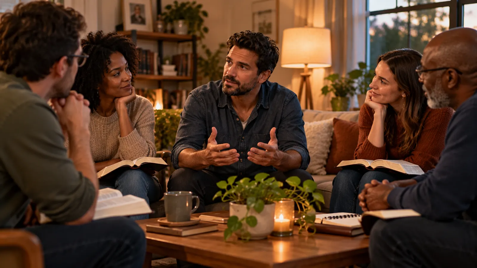 A small living-room Bible study where one person speaks honestly and others listen with compassion