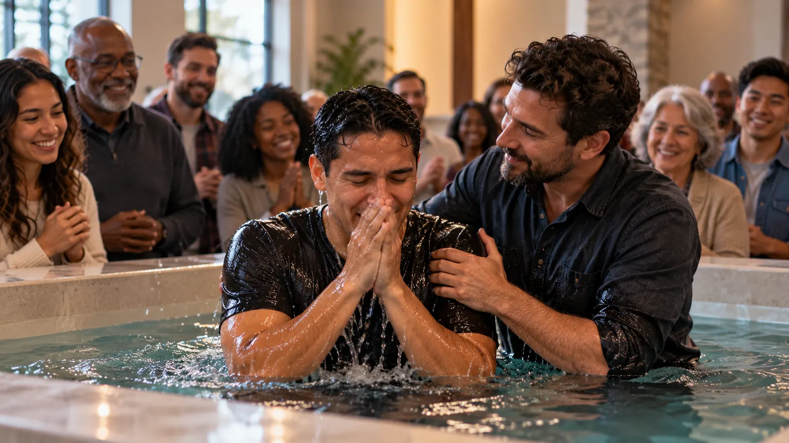An adult being baptized while a diverse congregation watches supportively