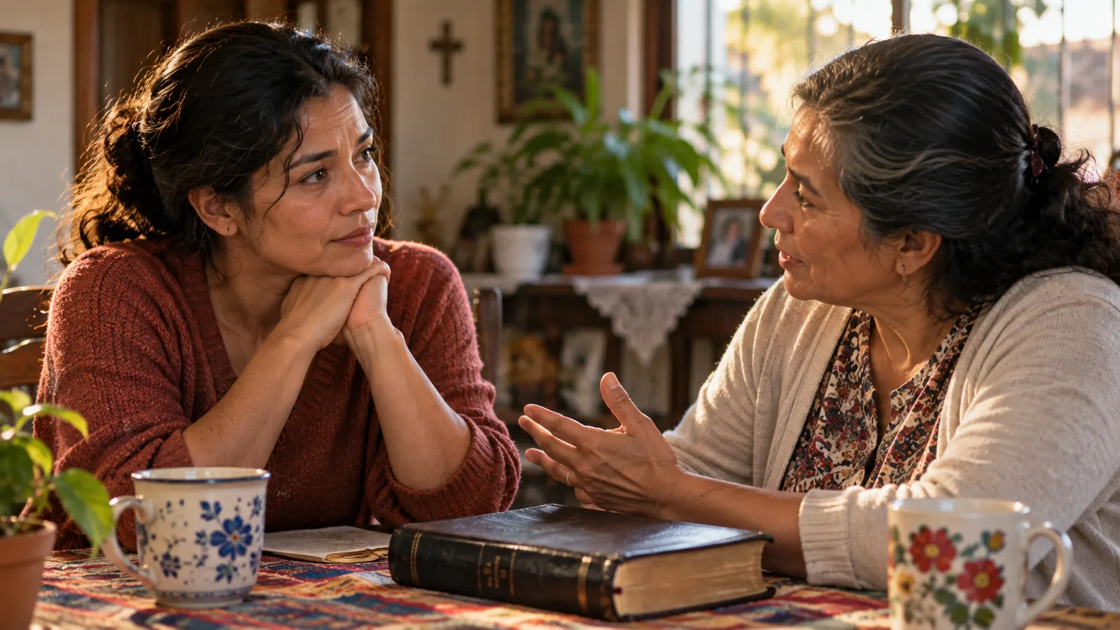 Dos mujeres conversan con confianza en una mesa de casa con una Biblia y café
