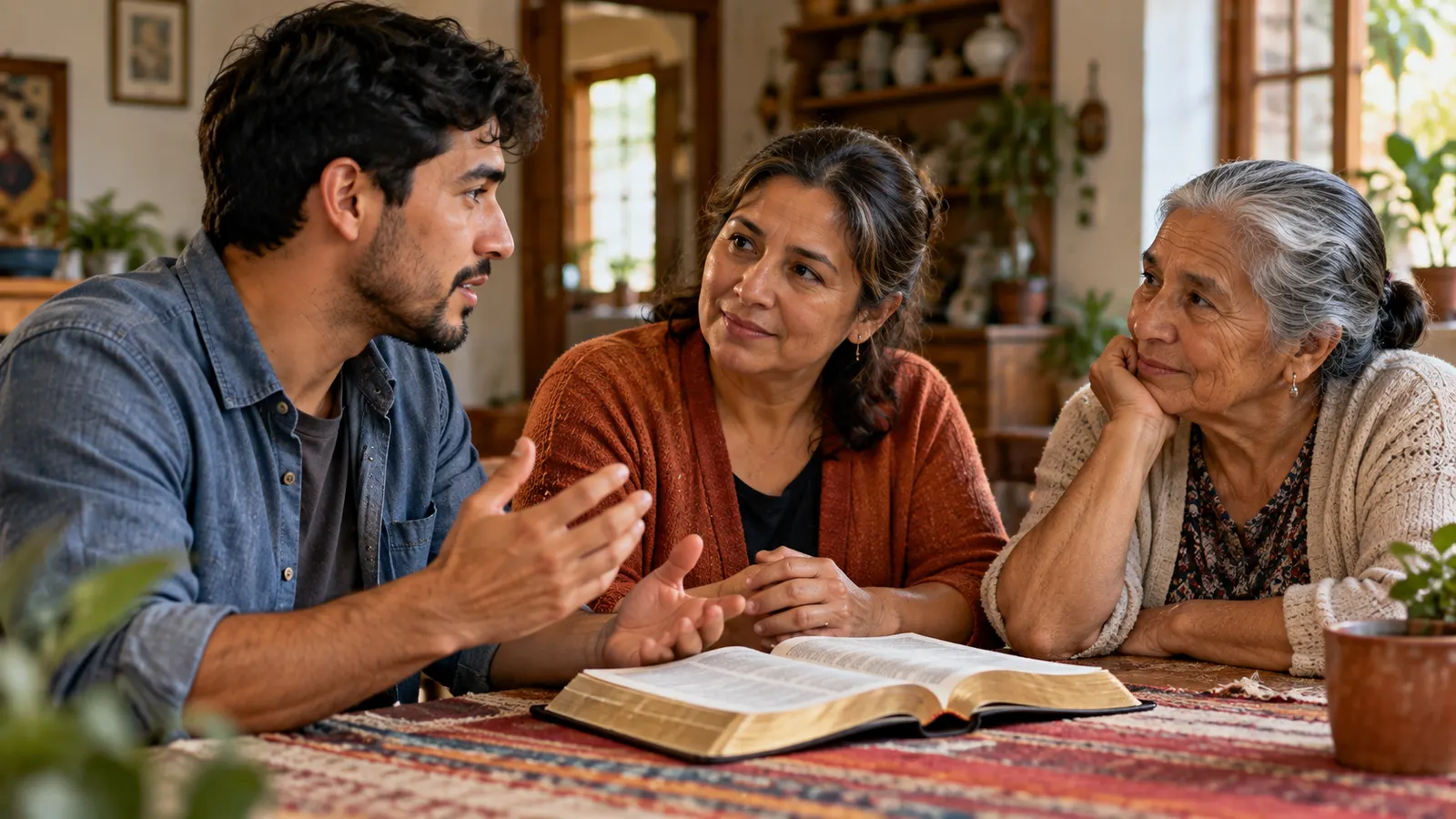 Tres generaciones de una familia conversan alrededor de una Biblia abierta