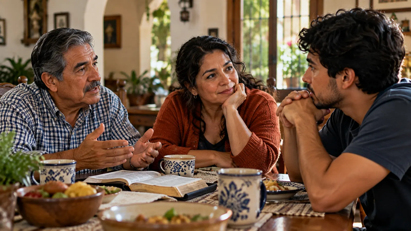 Una familia de tres generaciones conversa alrededor de una mesa después de comer