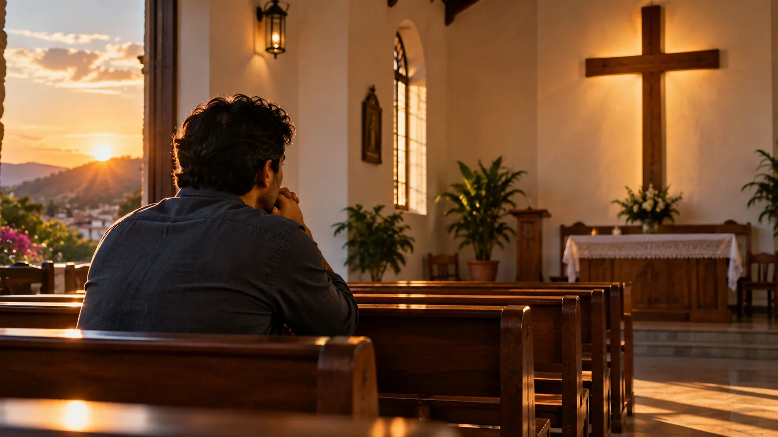 Una persona sentada en silencio en una iglesia sencilla mirando una cruz de madera