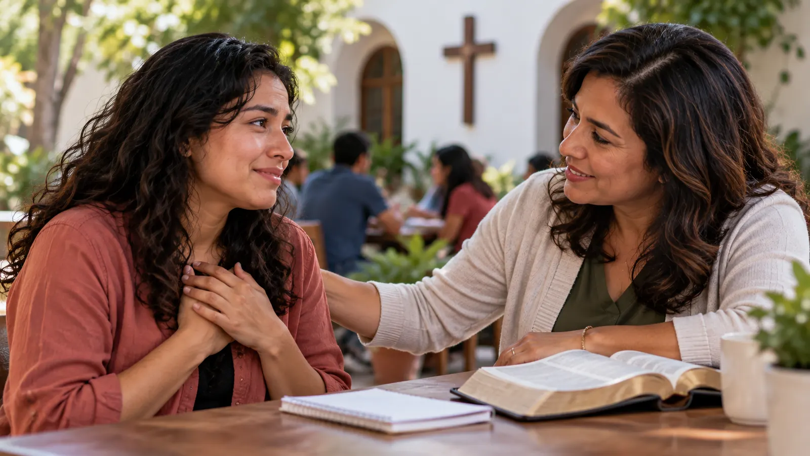 Una mujer conversa con una consejera cristiana en un patio tranquilo de iglesia