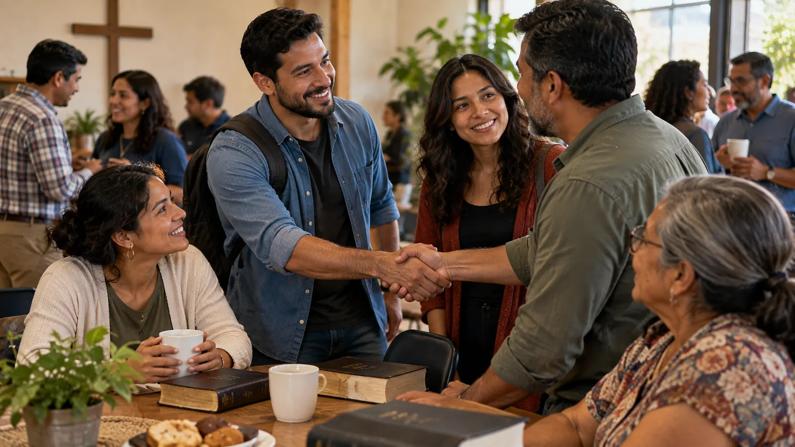 Personas de distintas edades conversan y reciben a alguien nuevo después de una reunión cristiana