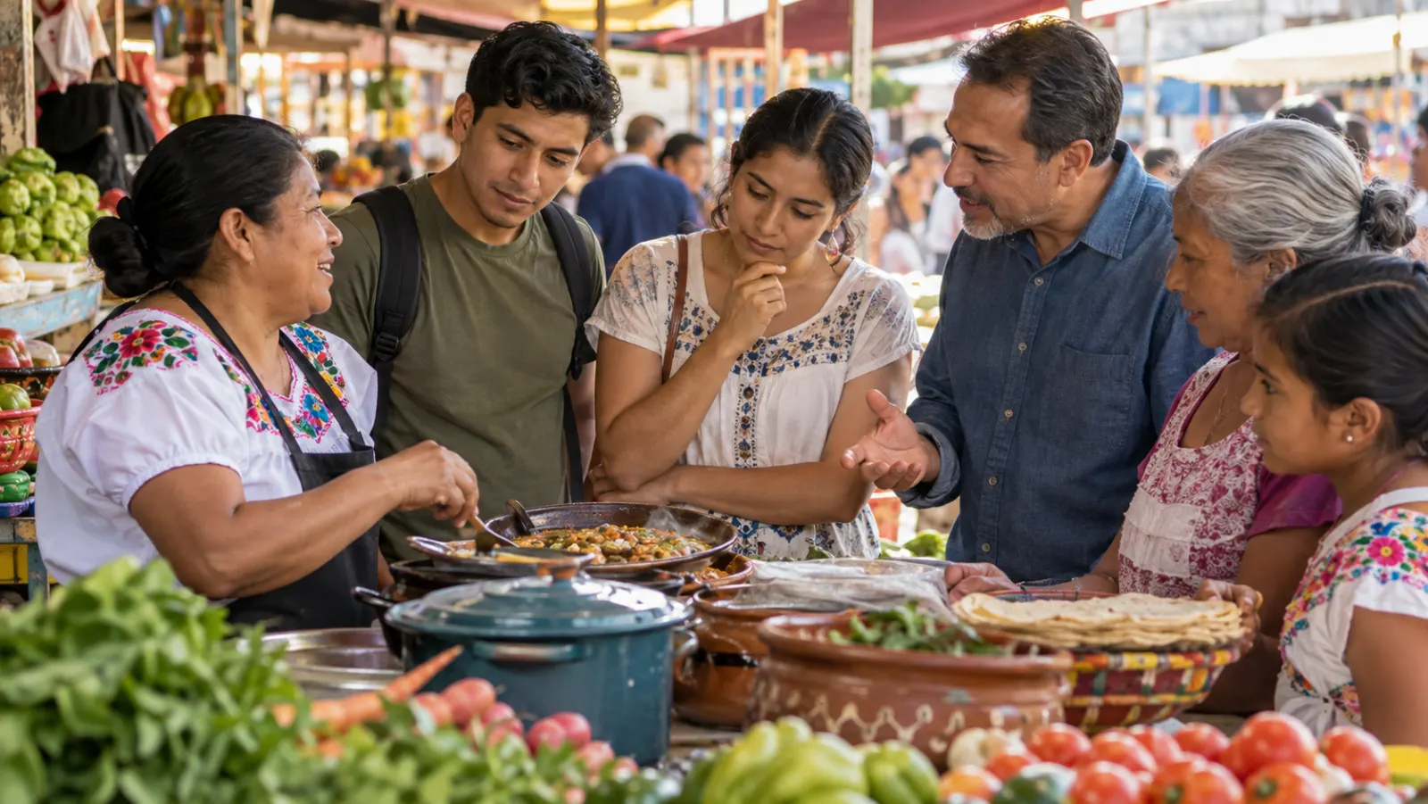 Amigos conversan con una vendedora frente a un puesto de comida en un mercado latinoamericano.