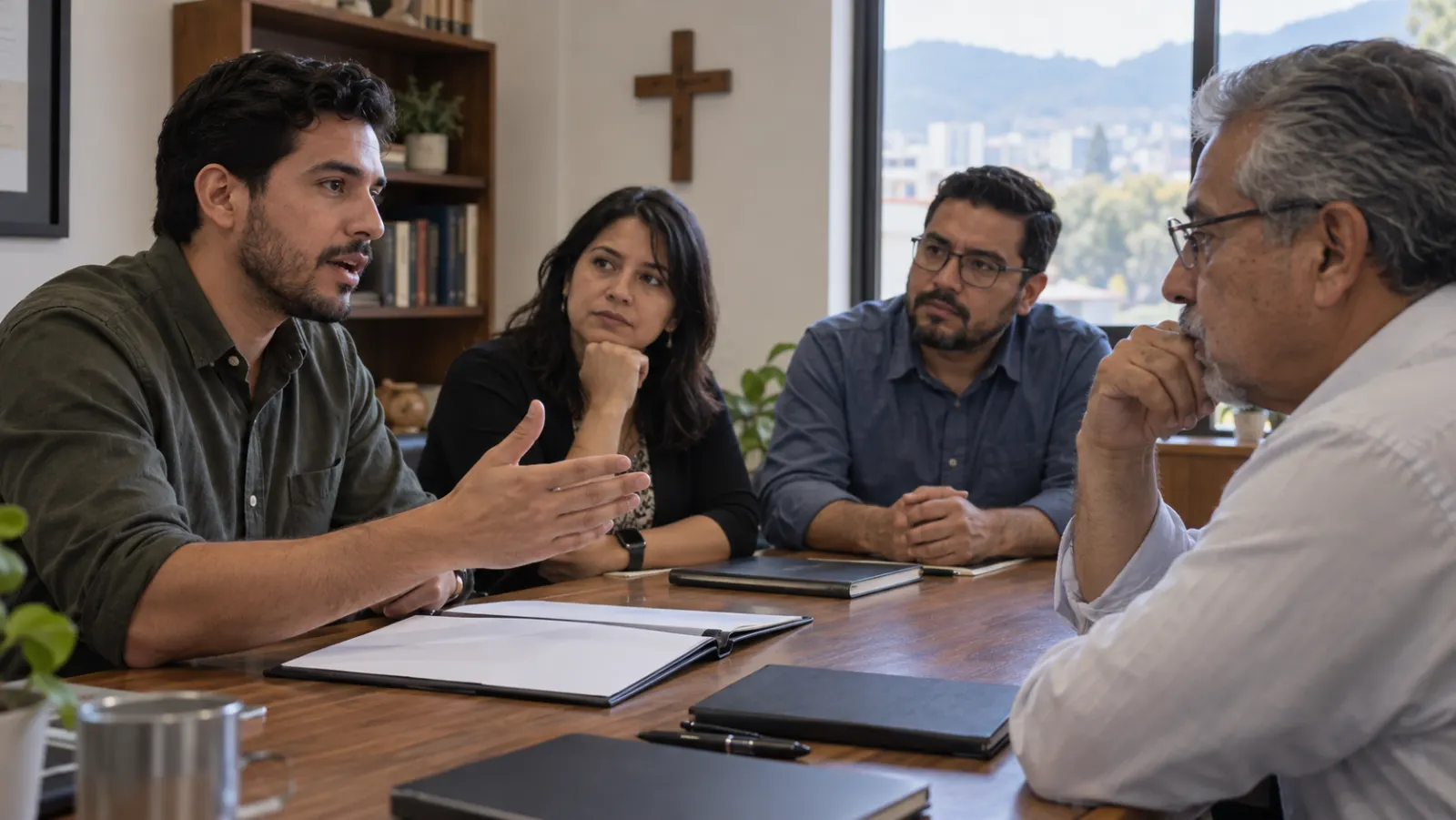 Un líder joven plantea una objeción respetuosa a un pastor mayor ante otros responsables de iglesia.