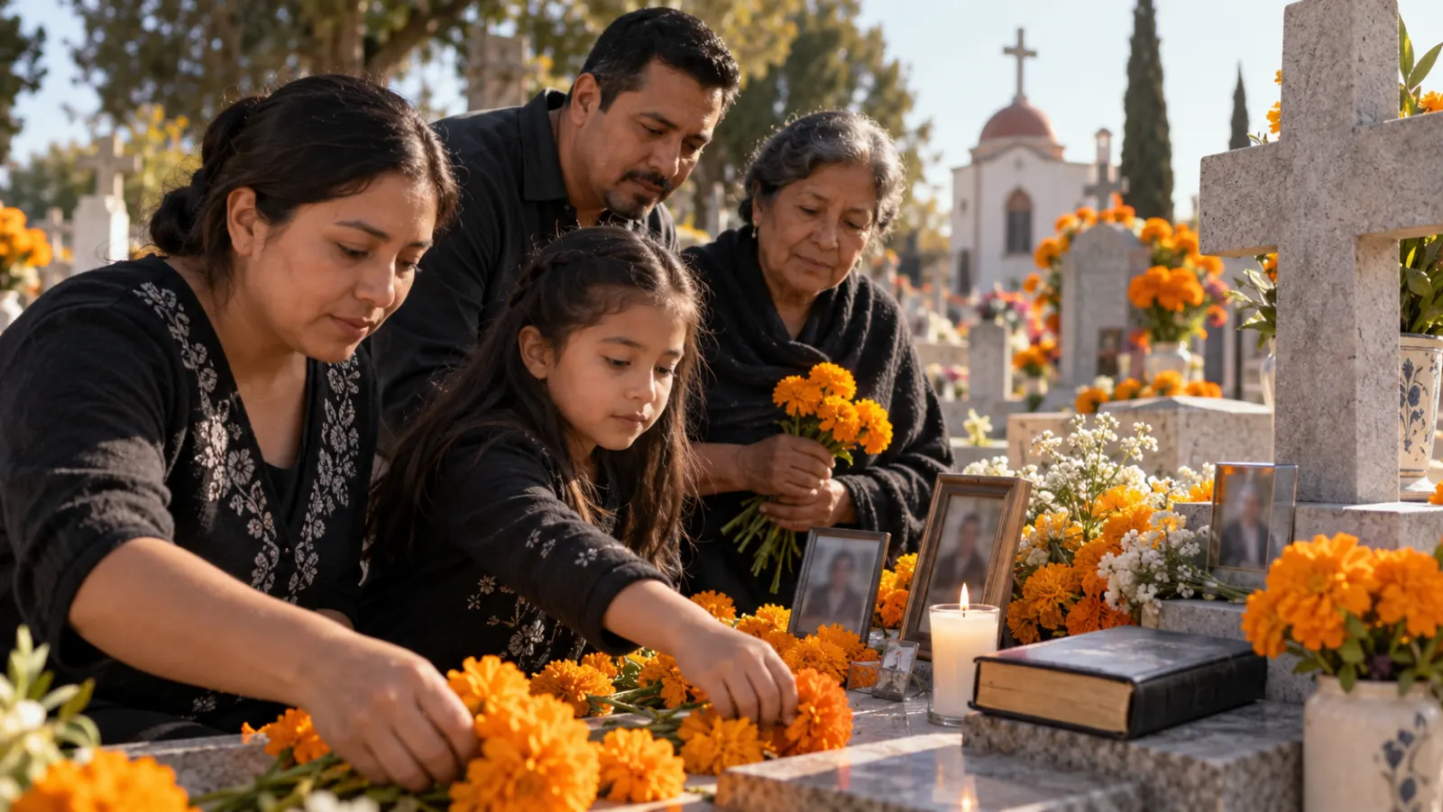 Una familia mexicana coloca cempasúchil y fotografías en la tumba de un ser querido con una Biblia cerrada cerca.