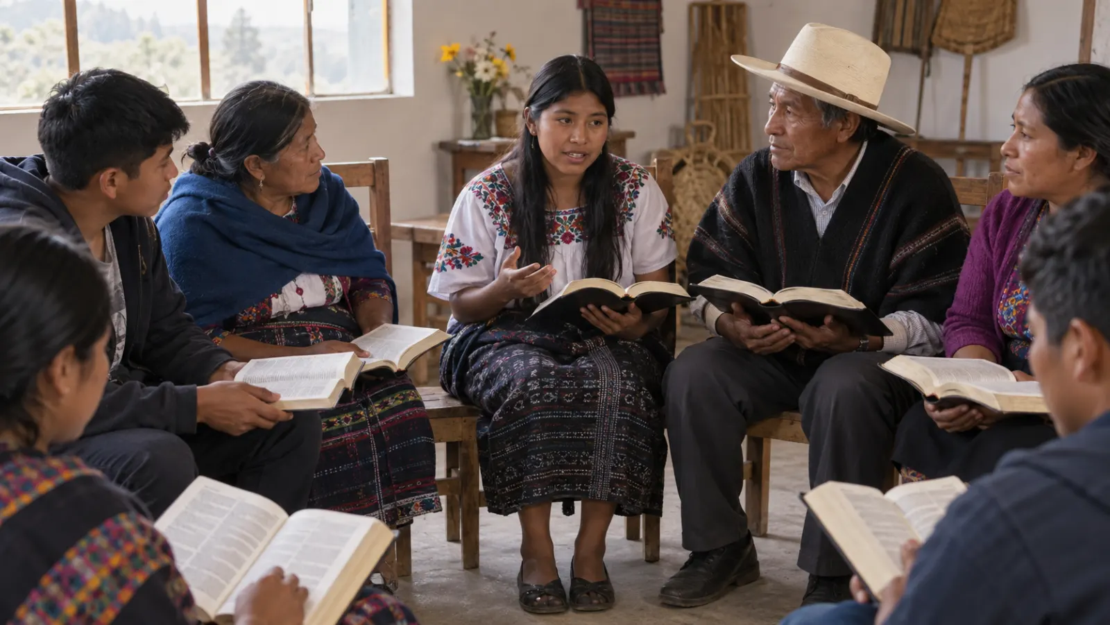 Personas indígenas de varias edades leen y comentan la Biblia en su lengua dentro de un salón comunitario.