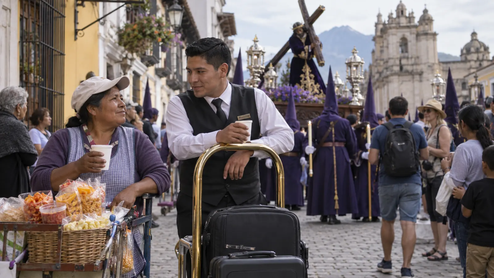 Una vendedora ambulante y un trabajador de hotel observan una procesión sobria de Semana Santa en una ciudad latinoamericana.