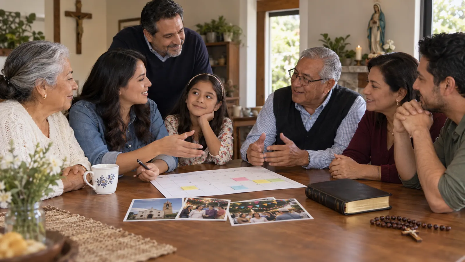 Una familia latinoamericana católica y evangélica conversa alrededor de una mesa con un calendario, una Biblia y un rosario separados.