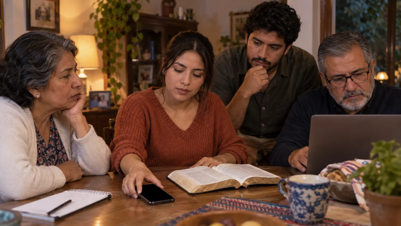 Una familia latinoamericana revisa con calma un mensaje alarmante junto a una Biblia y una computadora.