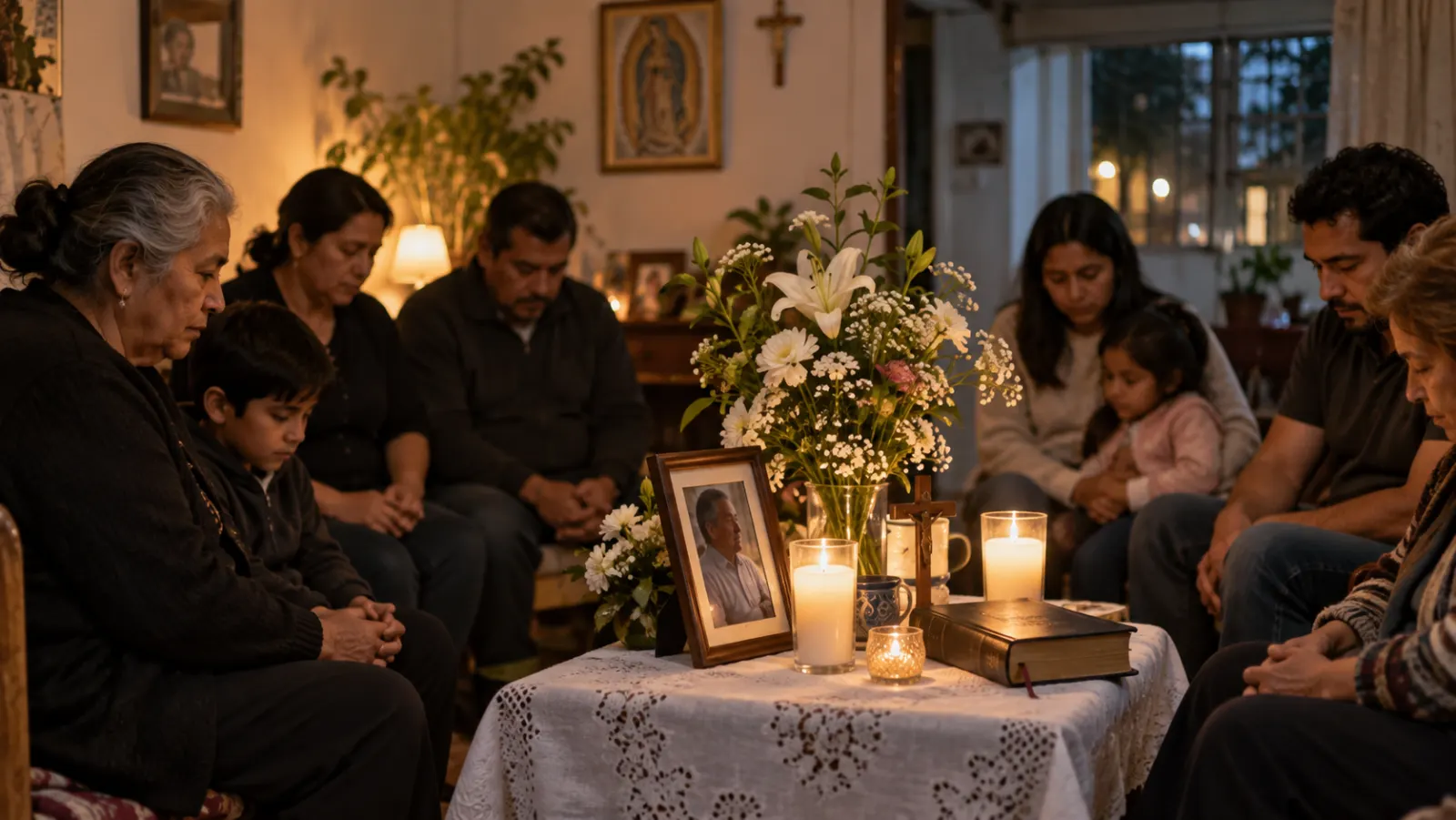 Una familia extensa guarda silencio alrededor de una mesa con flores, velas y una Biblia cerrada.