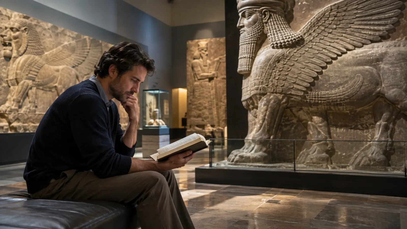 A reader studies Daniel beside museum casts of ancient imperial reliefs.