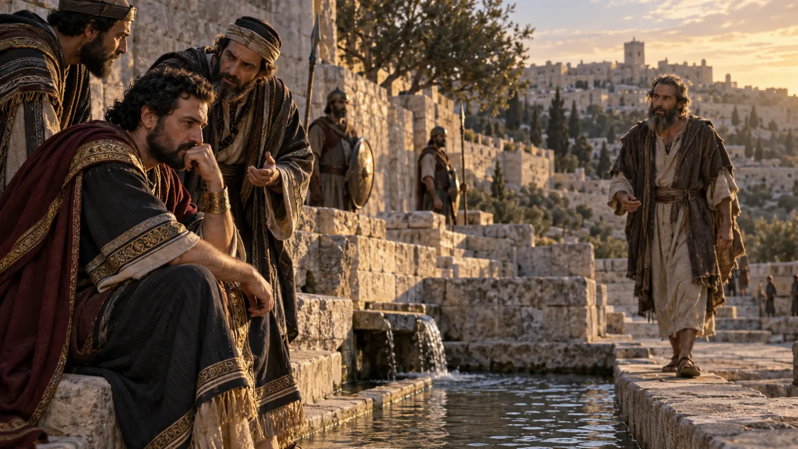 An eighth-century BCE Judean ruler stands anxiously near Jerusalem’s waterworks as a prophet approaches.
