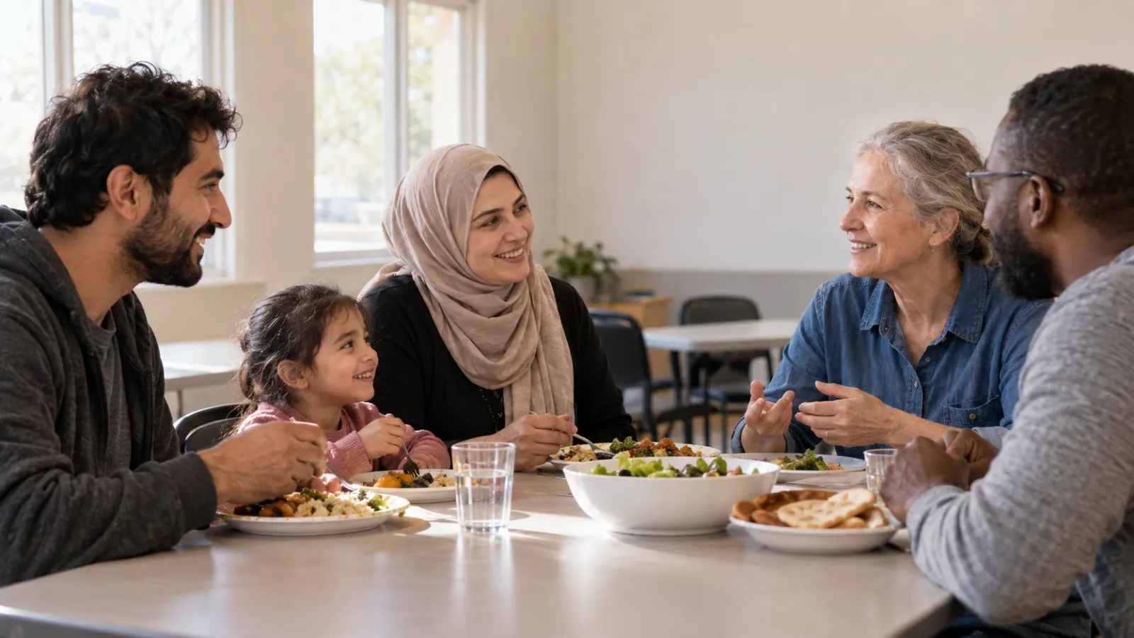 A refugee family with a young child receives a warm meal in an American church welcome center.