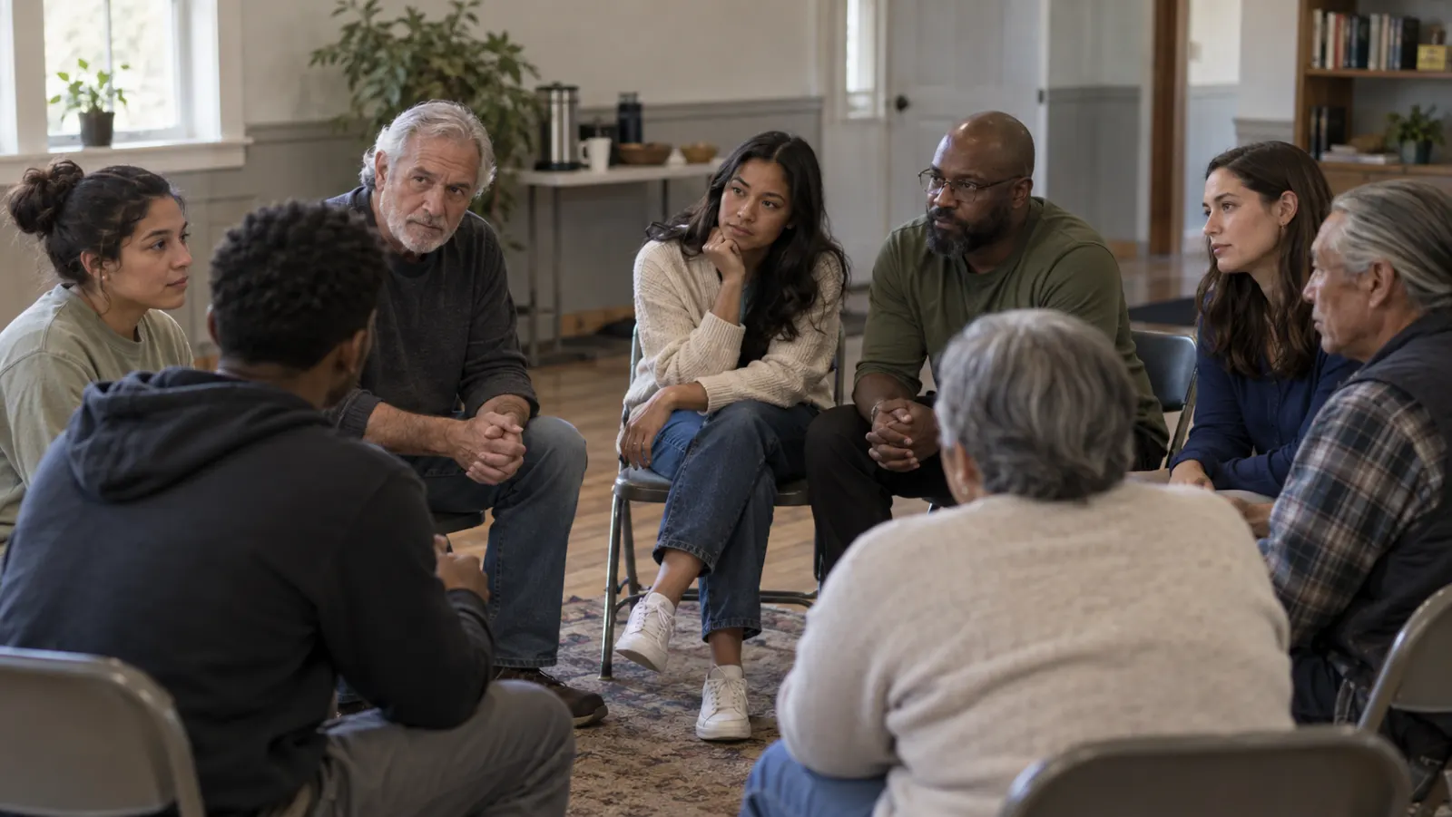 Veterans and younger neighbors listen to one another in a modest American community hall.