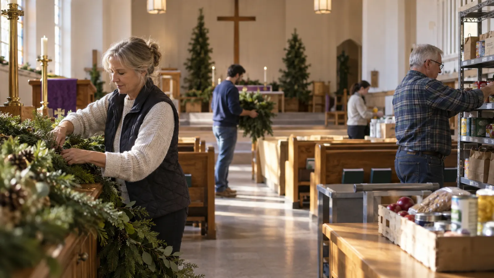 Church volunteers quietly prepare a sanctuary and community pantry before Advent visitors arrive.