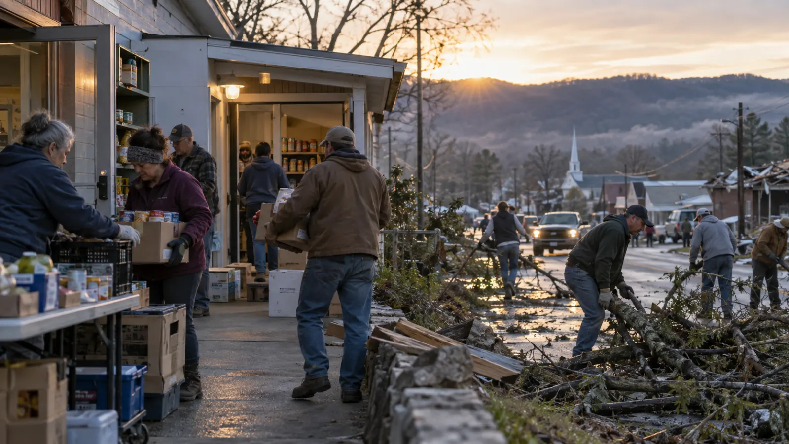 Residents reopen a small-town American food pantry at dawn after a severe storm.