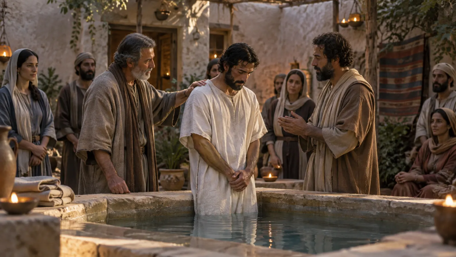 Second-century adult Christians gather around a baptismal pool while elders prepare a new believer for baptism.