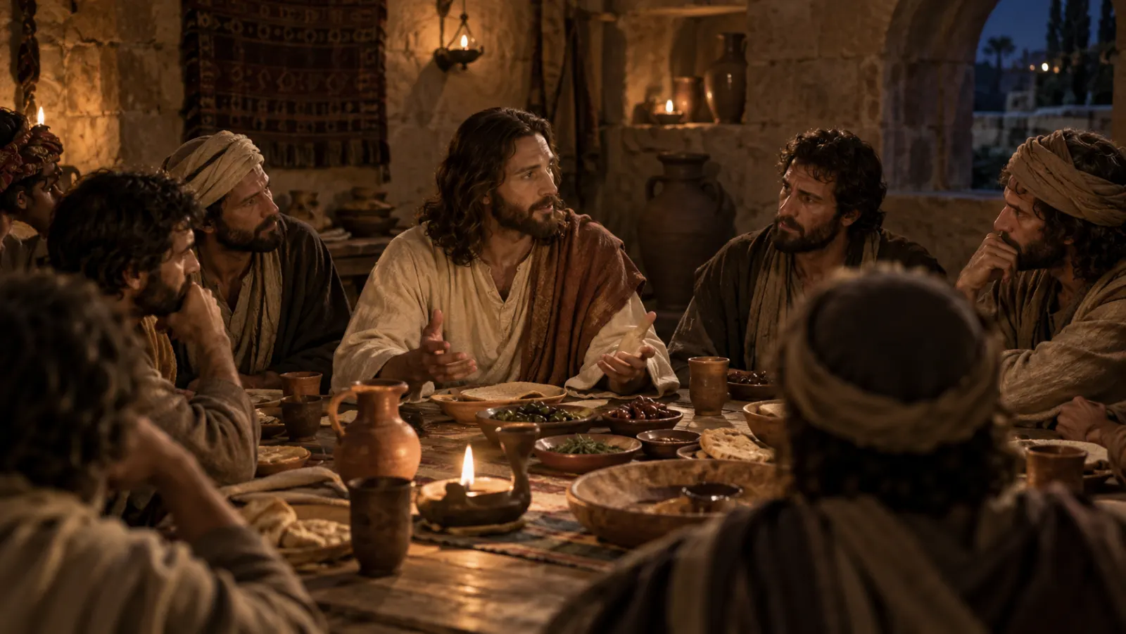 Jesus speaks privately with adult disciples in an upper room on the night before his arrest.