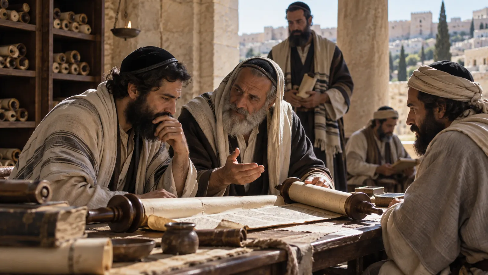 Jewish adult scribes and readers study Torah scrolls in an ancient synagogue without Christian symbols.