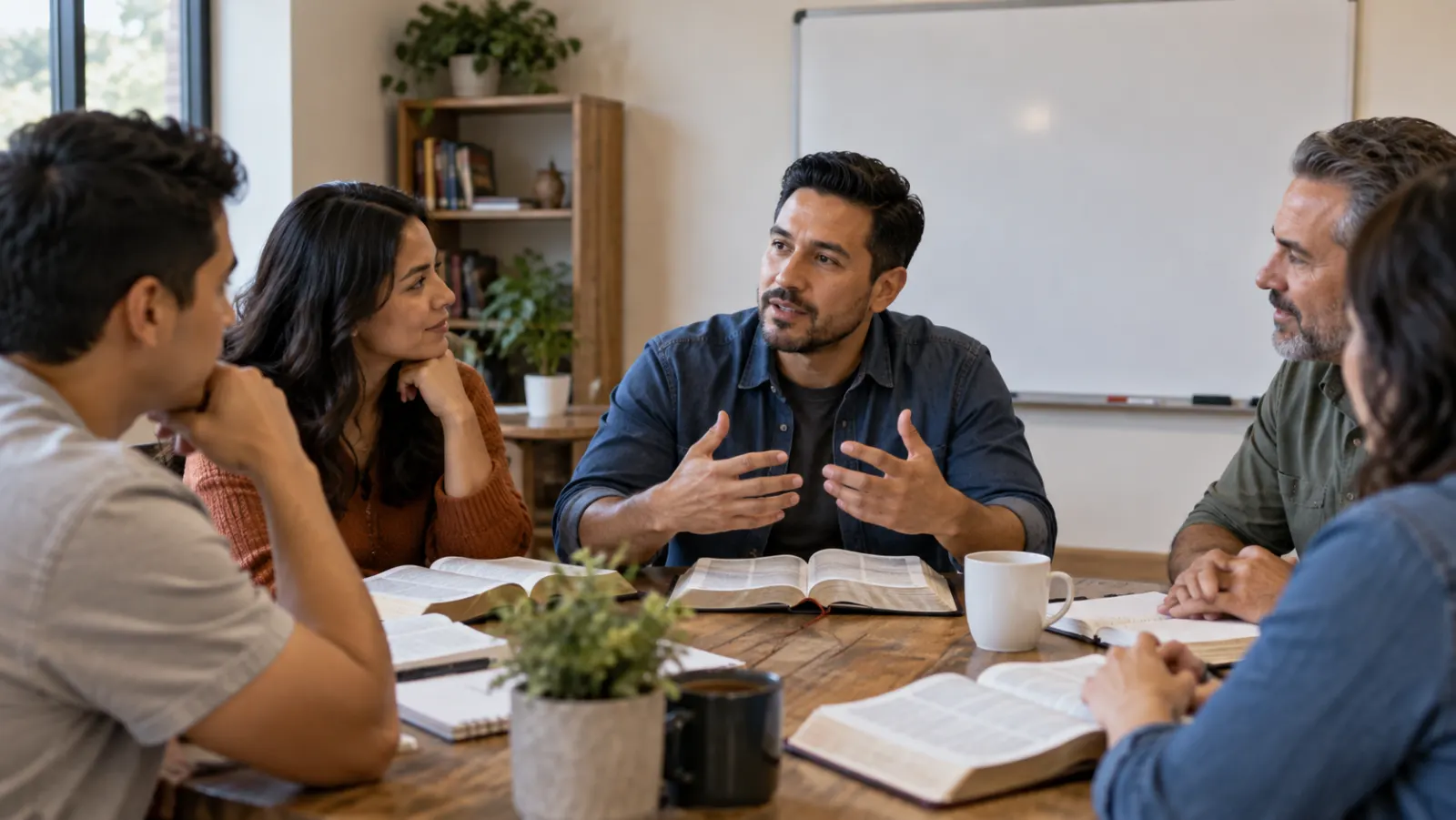 Adults in a contemporary church study group examine Bibles together while a whiteboard remains blank and no diagram is used.