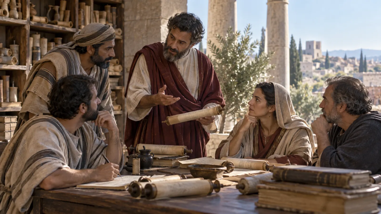 Un maestro cristiano tardorromano explica a adultos términos doctrinales usando rollos y conversación, sin diagramas modernos.