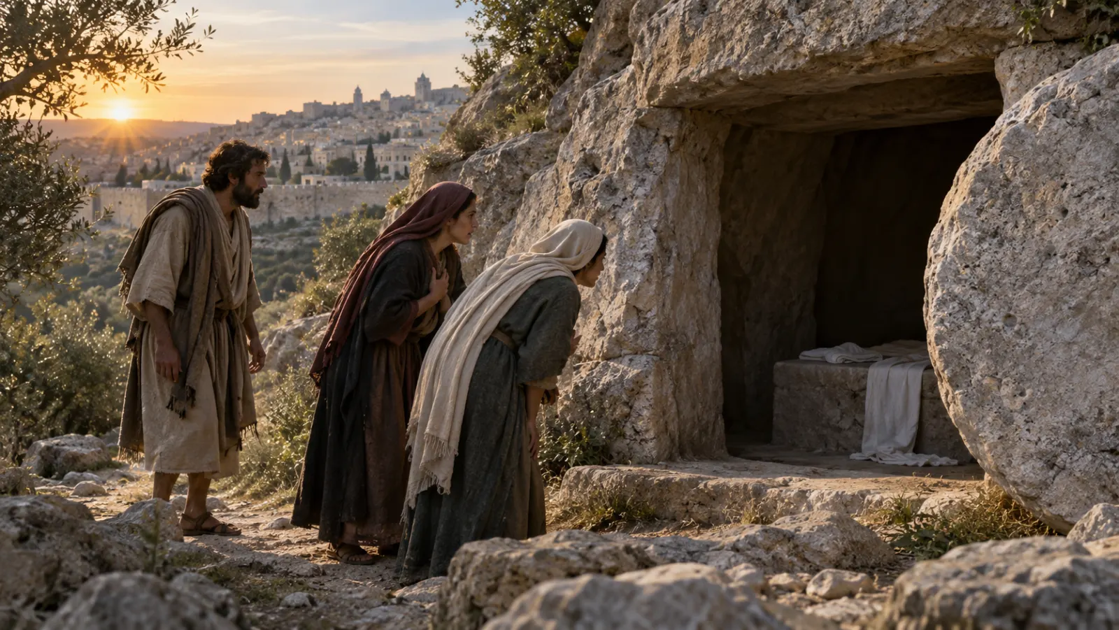 Una tumba vacía al amanecer y un pequeño grupo adulto contempla con asombro la noticia de la resurrección, sin representar visualmente al Padre o al Espíritu.