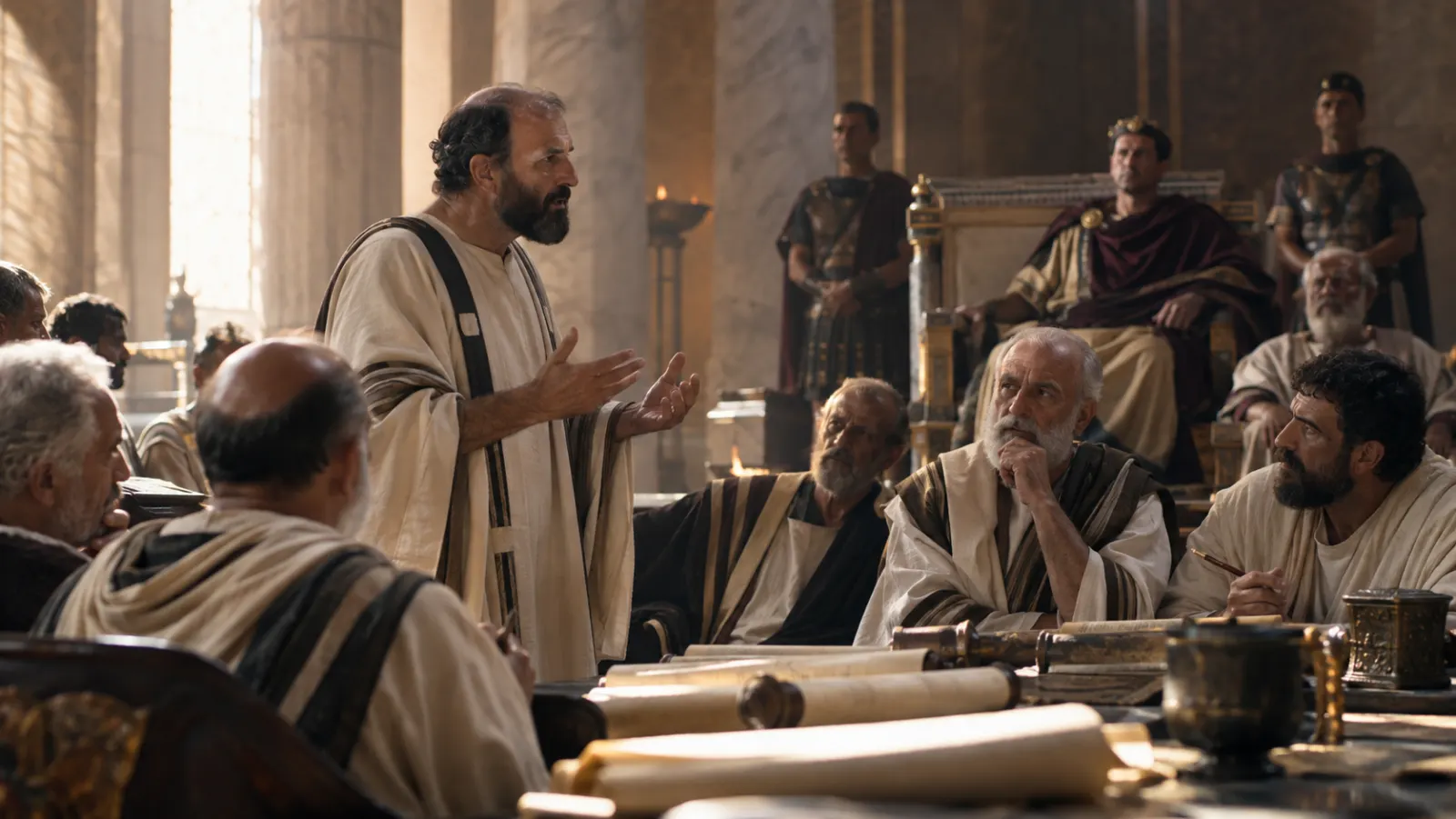 Fourth-century bishops debate around scrolls in a large hall at Nicaea while imperial attendants remain in the background.