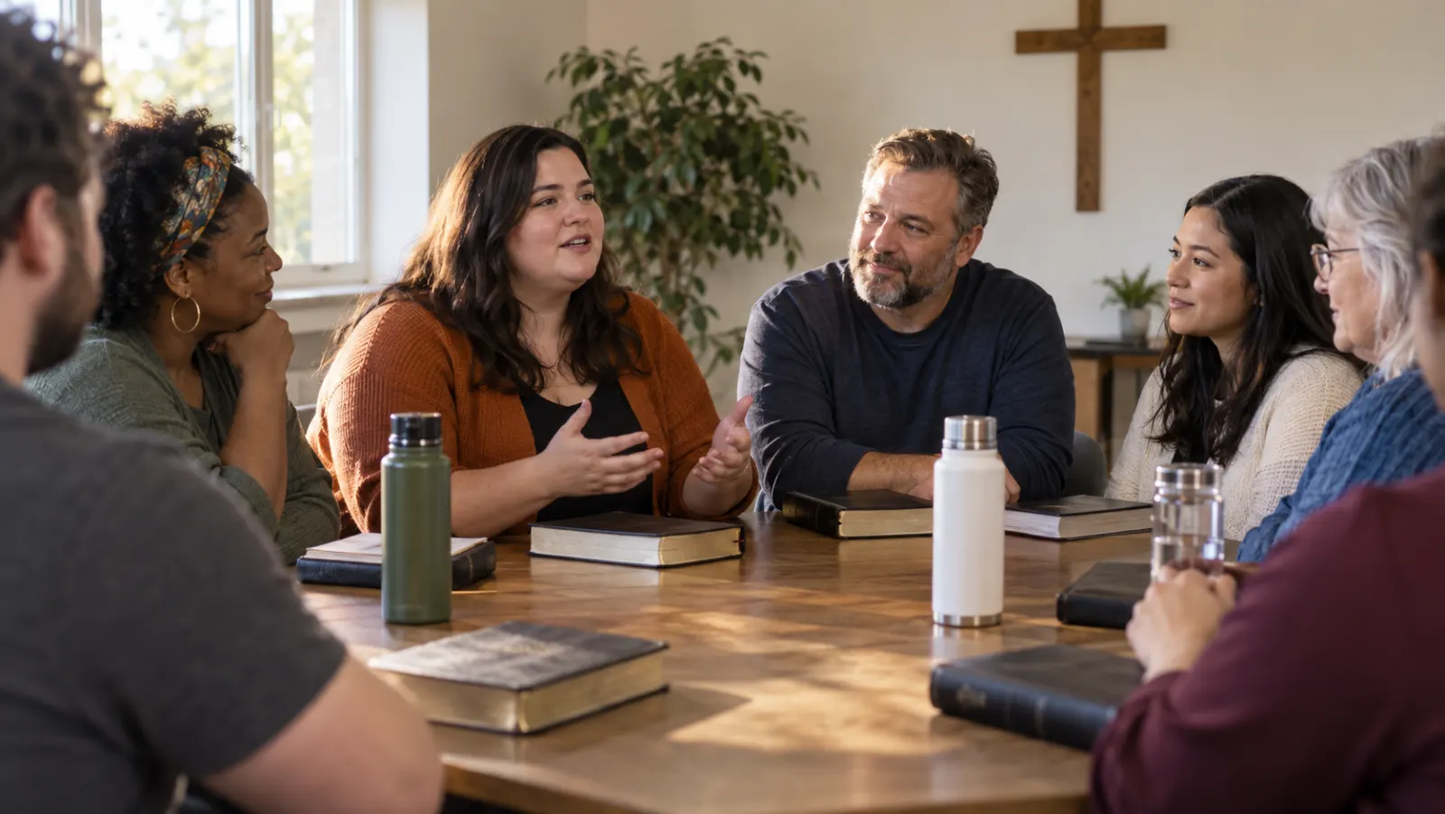 Adults of varied ages and body types talk together in an American church meeting room.